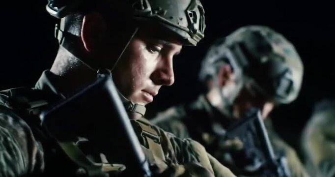 Soldiers in Tactical Gear Prepares Weaponry During Night Mission