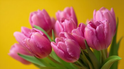 Fototapeta premium Bouquet of fresh pink tulips isolated on yellow background