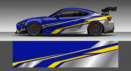 Fototapeta premium Blue racing car with dynamic vinyl wrap decal design