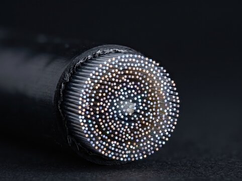 Close up macro of fiber optic cable cross section showing dense bundle of illuminated cores, internal structure, optical signal distribution, and high capacity data transmission technology.