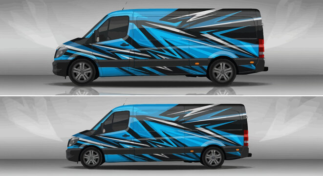 Modern blue and black geometric wrap design on cargo van