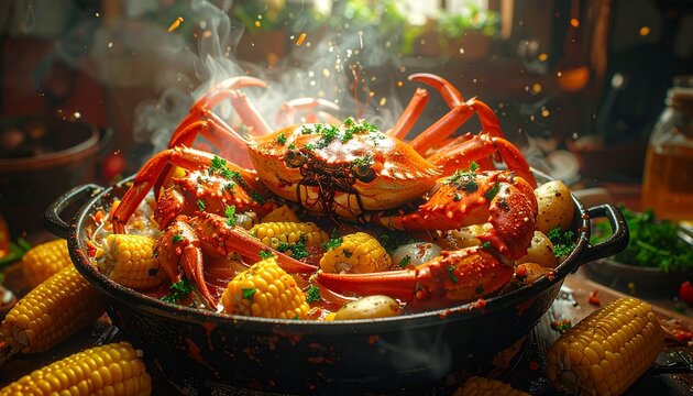 giant seafood boil with crab legs, corn, and potatoes, messy table, dramatic lighting