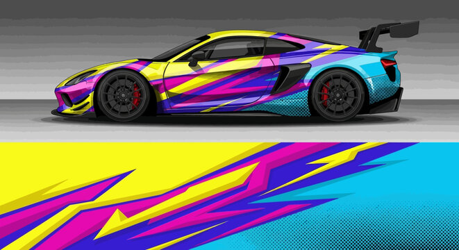 Modern sports car with colorful geometric vinyl wrap design