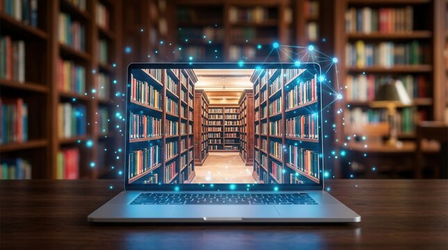 Digital e-library on a laptop screen representing online learning and education.