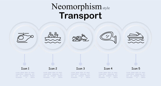 Transport set icon. Neomorphism style interface with helicopter aircraft, passenger boat with waves, snowmobile vehicle, side mirror, water scooter boat. Soft round buttons