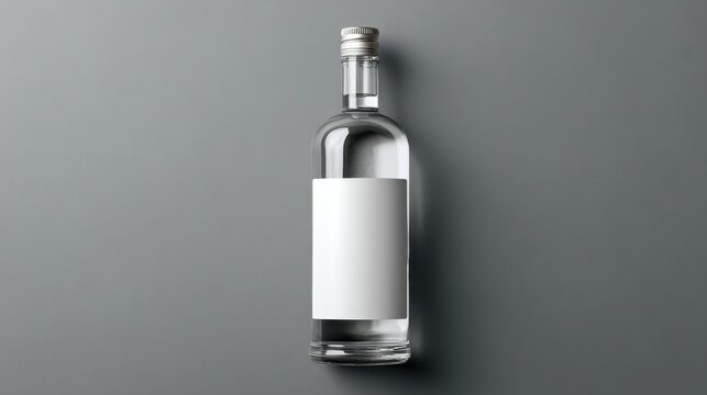 Clear glass bottle with blank white label on a gray background, overhead view