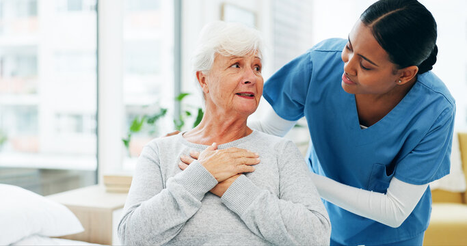 Consultation, nurse and senior woman with chest pain or cardiovascular disease in hospital. Diagnosis, lung infection and medical worker with elderly patient in clinic for angina or discomfort.