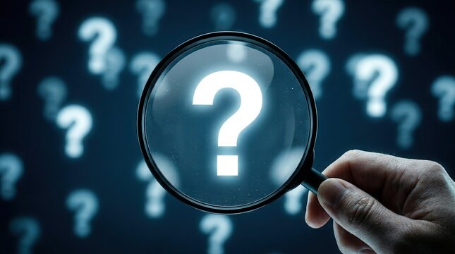 A hand holds a magnifying glass over a glowing white question mark amidst a dark background.