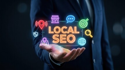 Obraz premium A professional person presenting local SEO concepts with vibrant marketing icons.