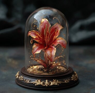 an outstanding magical object. a beautiful red and gold lycoris flower inside a bell jar, tiny gold details on the border of the bottom. fantasy object, black magic mystic artefact