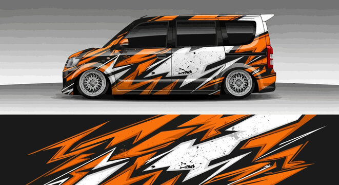 Sporty orange and black geometric racing livery car wrap