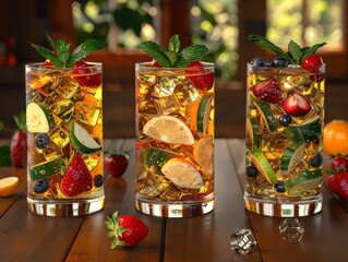 Fototapeta premium Three glasses of refreshing summer drink with fruits and mint on a wooden table