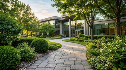 Naklejka premium A paved footpath winds through beautifully landscaped commercial grounds with a modern building.