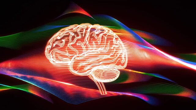 Digital glowing human brain with neural networks and colorful energy waves for technology concept