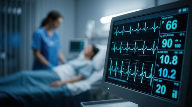 Medical team monitors critical patient vitals on an ECG screen in the ICU room.