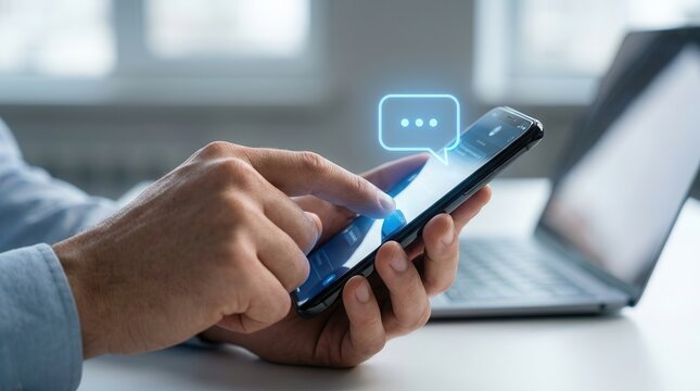 Close-up of a person using a smartphone with a digital chat bubble interface overlay.