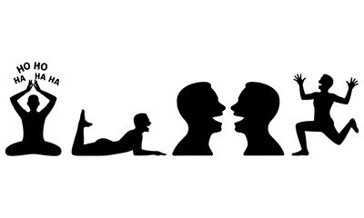 Obraz premium Silhouette of people laughing and having fun in different poses and expressions in a row isolated on white background