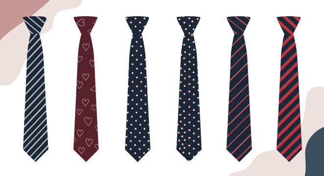 Set of formal neckties featuring various patterns like stripes, hearts, and dots for professional business attire or fashion design concepts.