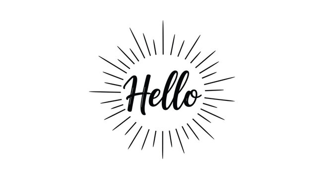 Stylized Hello text in cursive font surrounded by a thin line sunburst or ray design for friendly greetings and welcoming messages.