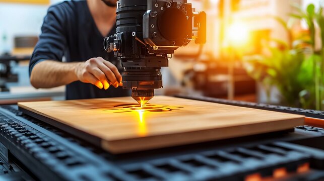 Craftsman Inspects CNC Router Precision Cut on Wooden Board Under Soft, Warm Lighting Conditions