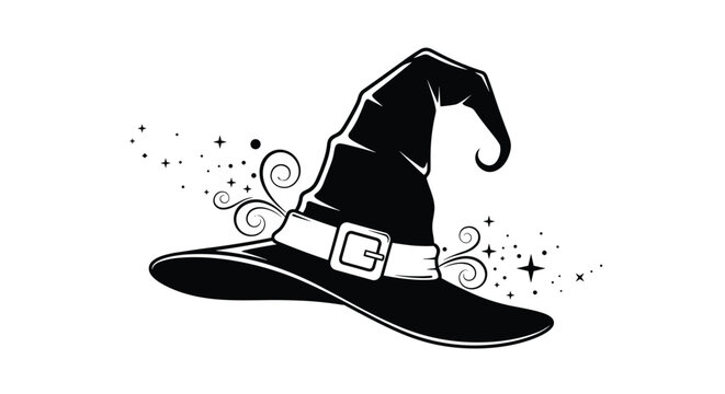 magical witch hat illustration featuring a pointed crown and decorative buckle surrounded by swirling magic dust and stars.