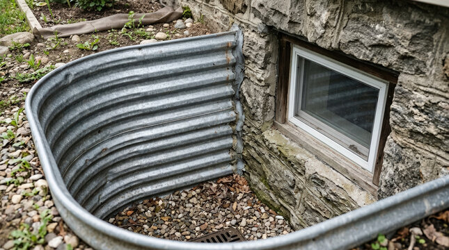 Basement Window Well with Metal Liner Surrounded by Gravel for Home Improvement Blogs, Architecture Websites, Outdoor Living Guides, and Real Estate Content