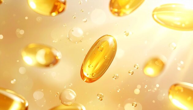 Abstract background featuring floating golden oil capsules or vitamin softgels with light flares and bubbles for health and beauty wellness concept.