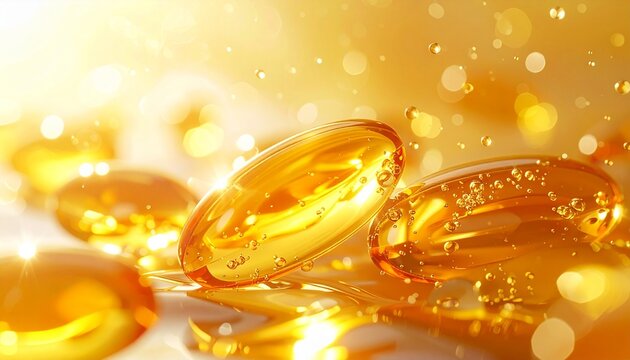 Golden fish oil capsules floating in clear liquid with sparkling bubbles creating a bright conceptual background for health and wellness themes.