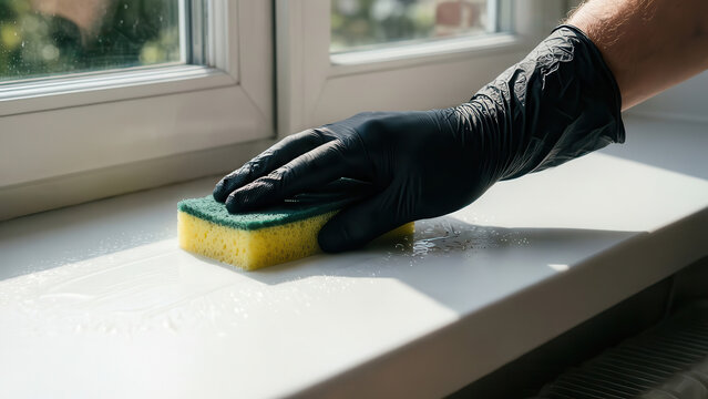 Black gloved hand presses melamine sponge on white windowsill in sunlight and presents careful surface cleaning at home.
