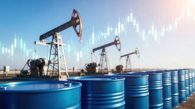 Blue oil drums lined up before pumpjacks with financial stock market candlestick chart overlays.