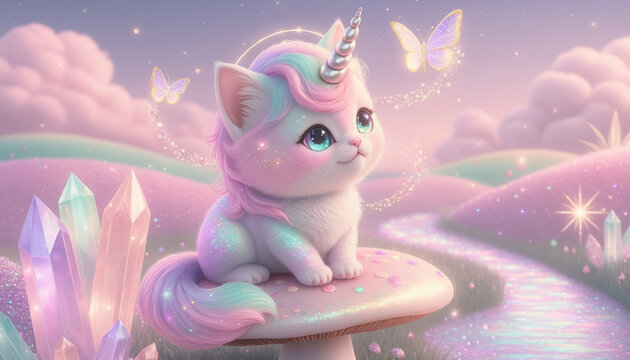 A very cute pastel caticorn kitten with a unicorn horn sitting on a mushroom in a magical, sparkling landscape with crystals and butterflies.