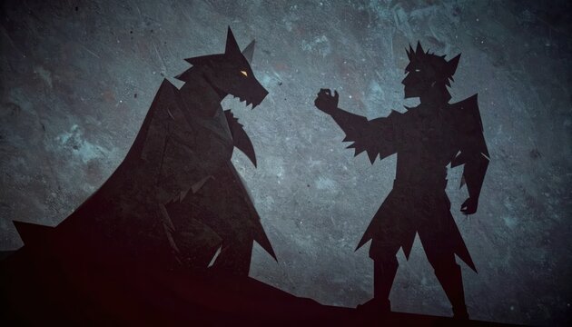 Silhouette of a fearsome wolf monster confronting a crowned king in a dramatic battle scene.