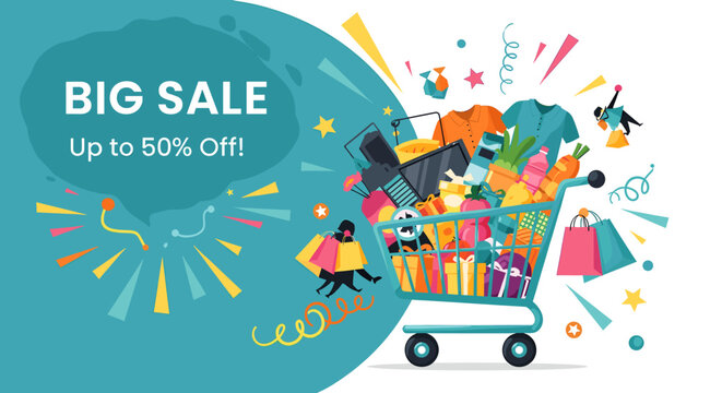 Big Sale Up to 50% Off! A shopping cart overflowing with various items, gift boxes, and shopping bags, with confetti and celebratory elements, signifying a major retail event.