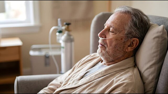 Elderly Man Wearing Nasal Cannula Sleeping Peacefully in Comfortable Armchair Under Soft Ambient Lighting Receiving Oxygen Therapy