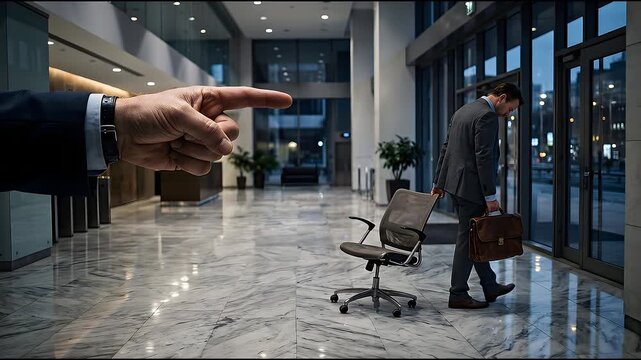 A Despondent Man in a Suit Carries His Briefcase and Office Chair Through a Modern Marble Lobby as a Giant Index Finger Points Accusatorily Behind