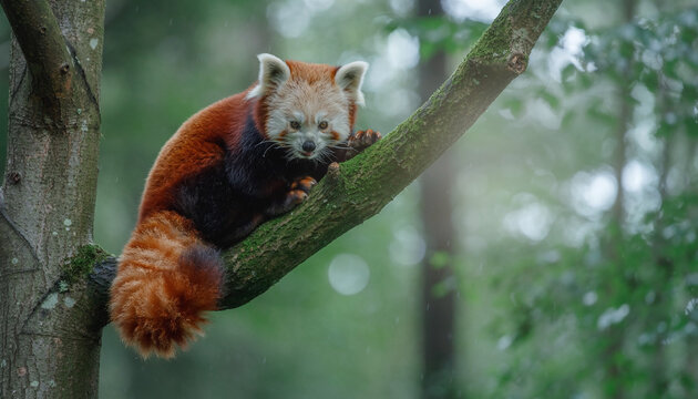 A cute red panda with reddish-brown fur and a bushy tail rests comfortably on a tree branch in a lush green forest, looking directly at the camera.