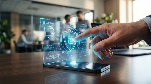 Secure digital wallet concept with a hand interacting with a smartphone and a protection shield icon.