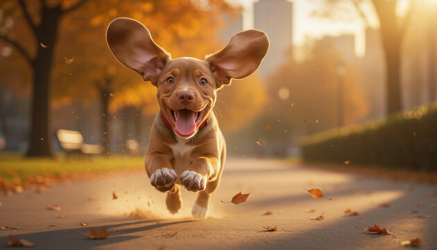 A joyful brown dog with large floppy ears bounds along an autumn park path, kicking up leaves in the warm golden sunlight.