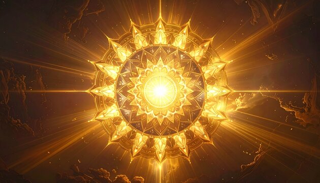 A radiant golden mandala glowing with divine light in a cosmic atmosphere perfect for spiritual meditation and mindfulness wellness projects.