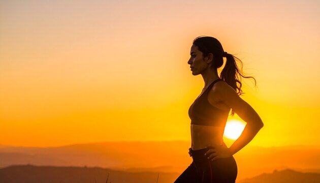 Profile of a fit young woman standing in a peaceful outdoor setting at sunset enjoying the golden hour light during her active fitness routine.
