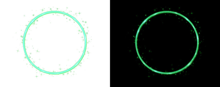 Magical green glowing circle with halo light and sparkling particles isolated on a split background. Fantasy portal effect. PNG.