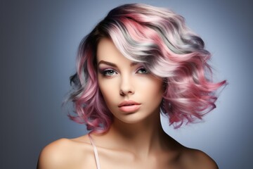 Fototapeta premium Studio portrait of beautiful woman with colorful ombre hairstyle and professional makeup