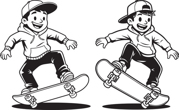 Two cartoon boys skateboarding wearing hoodies and baseball caps line art black and white skateboarding skateboards childhood recreation activity children illustration monochrome energetic