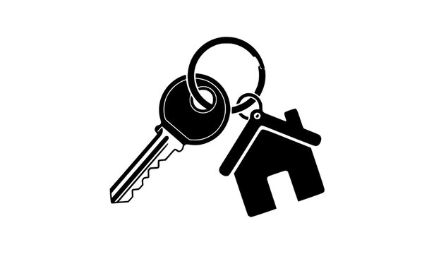 Modern house key and home keychain silhouette icon in bold black flat vector style
