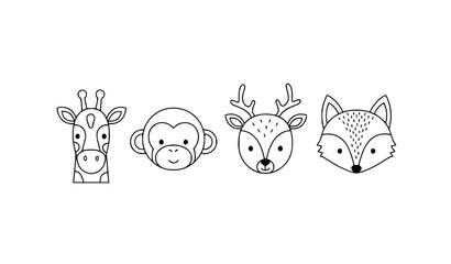 Cute animal head line art set with giraffe monkey deer and fox in minimalist black vector style © Hazara