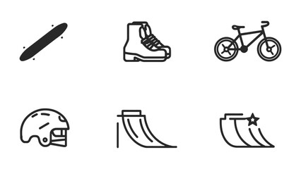 Fototapeta premium Sports Icons: A set of six monochrome illustrations representing popular sports equipment, ideal for digital design projects or infographics. 