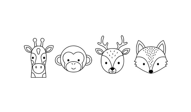 Cute animal head line art set with giraffe monkey deer and fox in minimalist black vector style