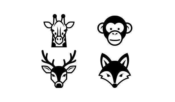 Modern animal head icons with giraffe monkey deer and fox in bold black outline vector style