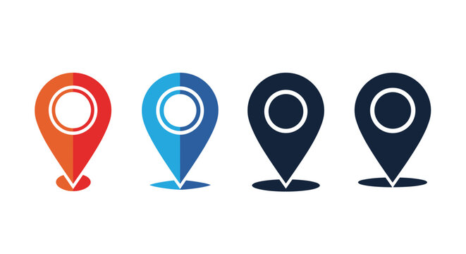 Four map pin icons in different colors like orange blue and dark gray used for location markers and destination points on digital maps.