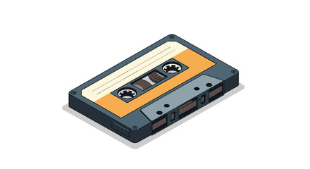 Fototapeta premium retro analog audio cassette tape shown from an isometric perspective with a grey plastic casing and orange label.